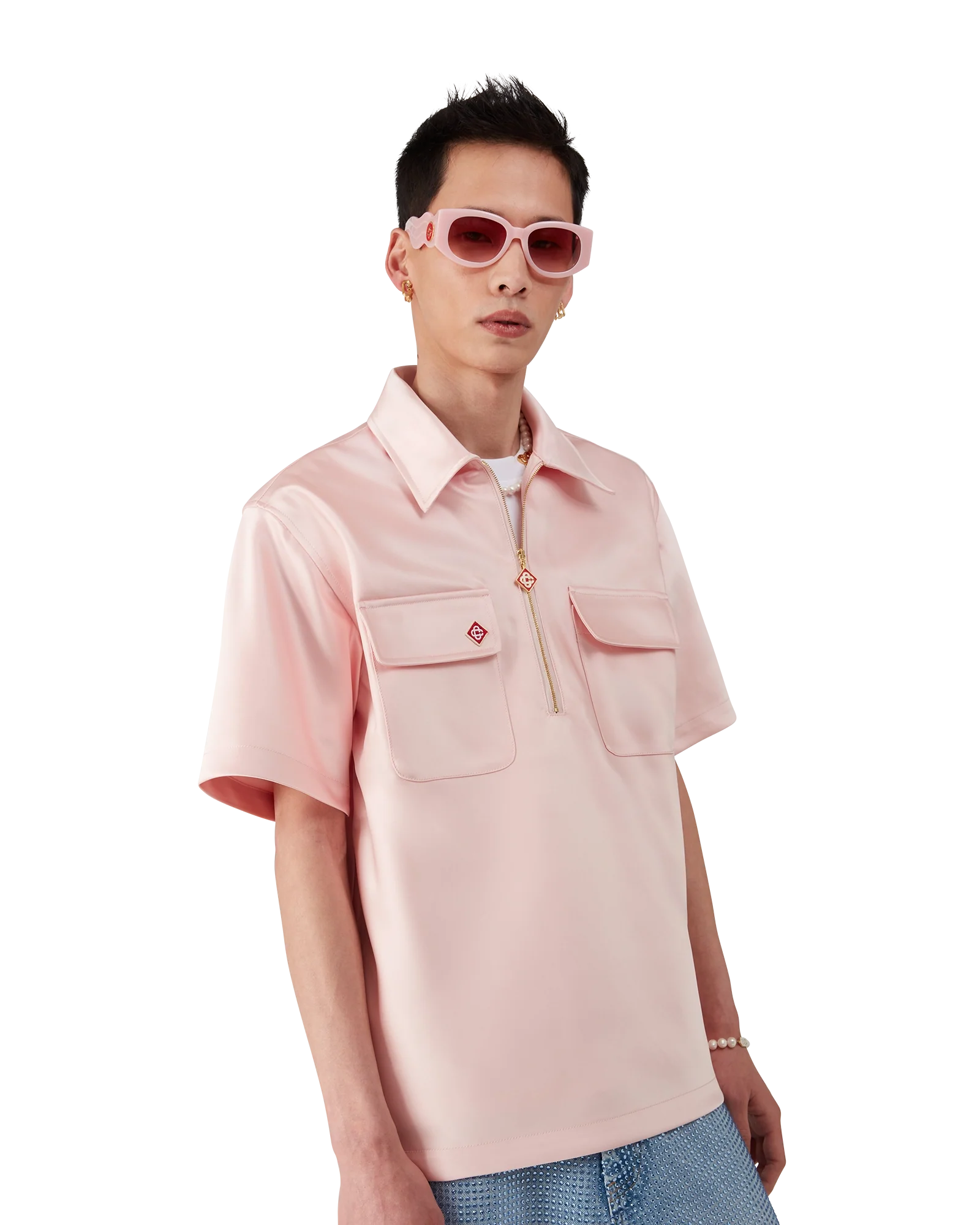 Chemise Satin Quarter Zip Short Sleeve