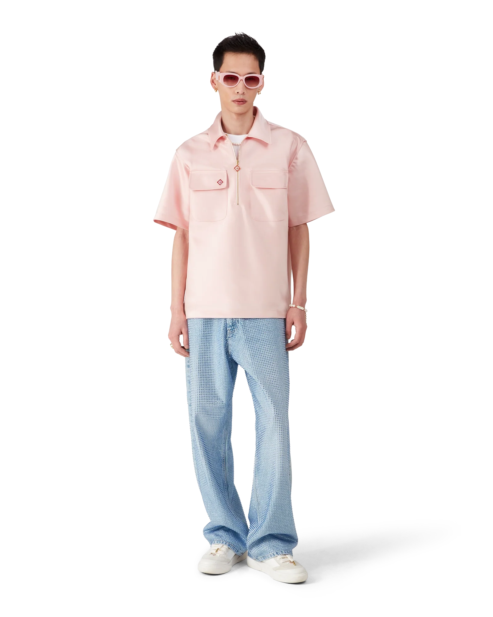 Chemise Satin Quarter Zip Short Sleeve