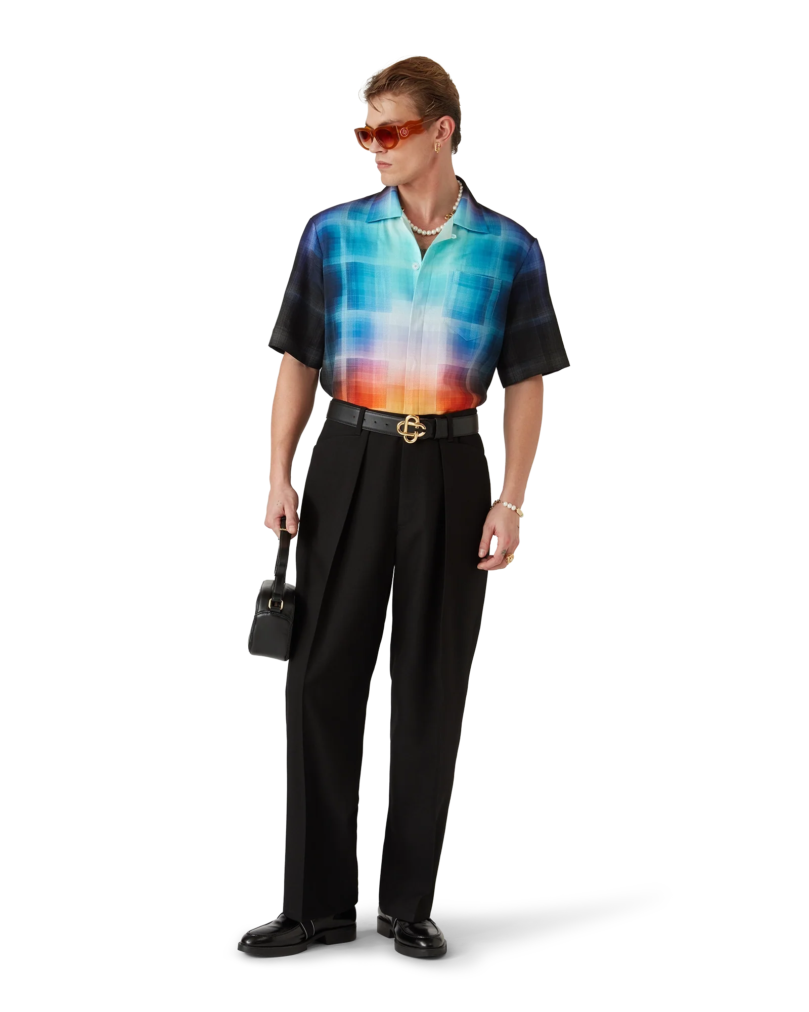 Chemise à manches courtes en viscose mélangée à carreaux dégradés
