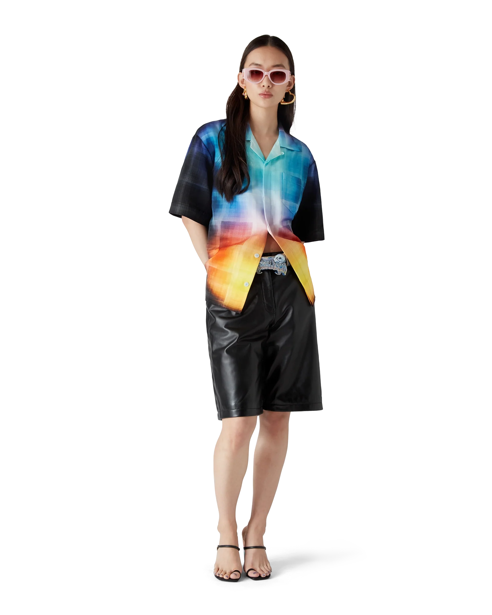 Chemise à manches courtes en viscose mélangée à carreaux dégradés