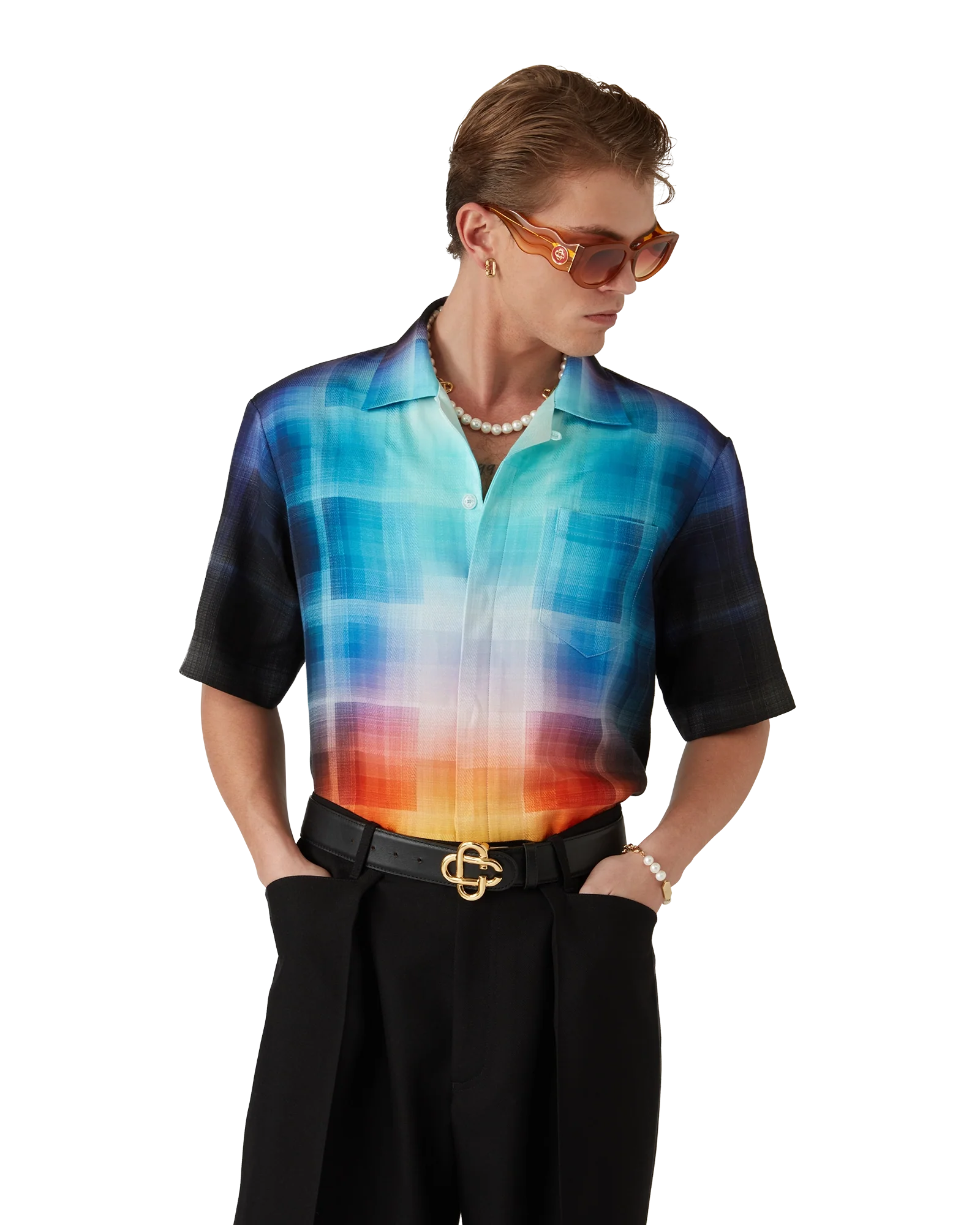 Chemise à manches courtes en viscose mélangée à carreaux dégradés