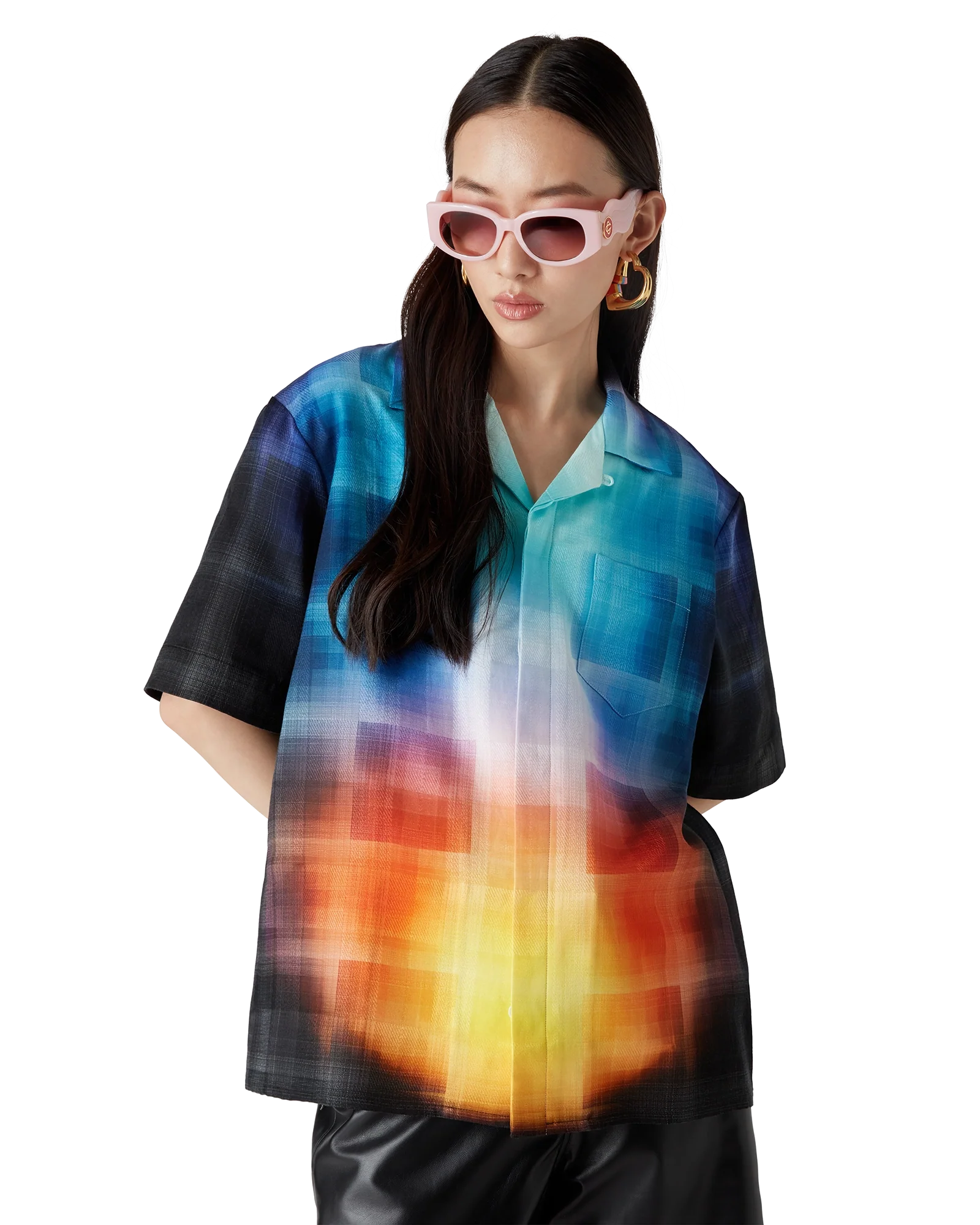 Chemise à manches courtes en viscose mélangée à carreaux dégradés
