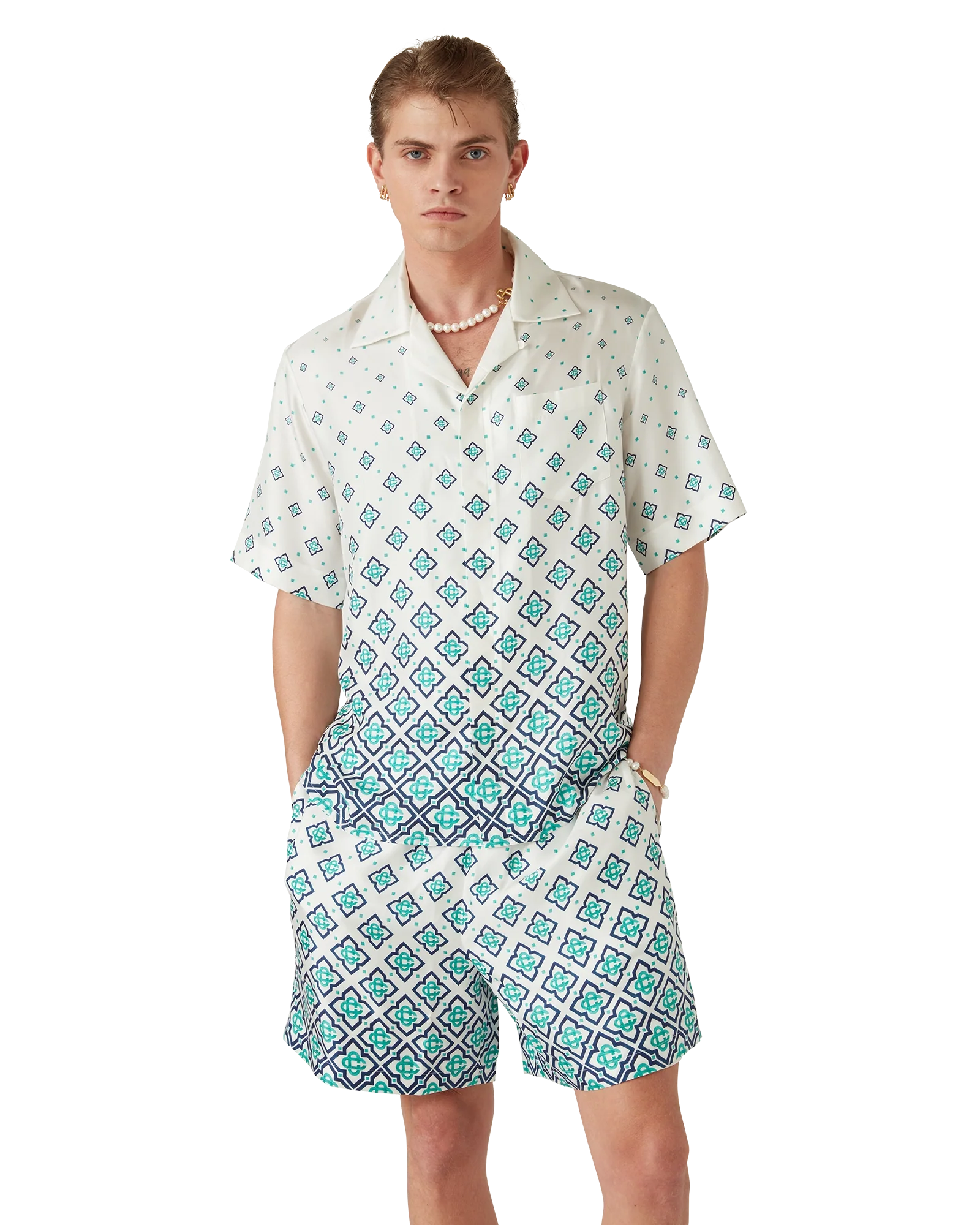 Chemise en soie à manches courtes avec monogramme dégradé