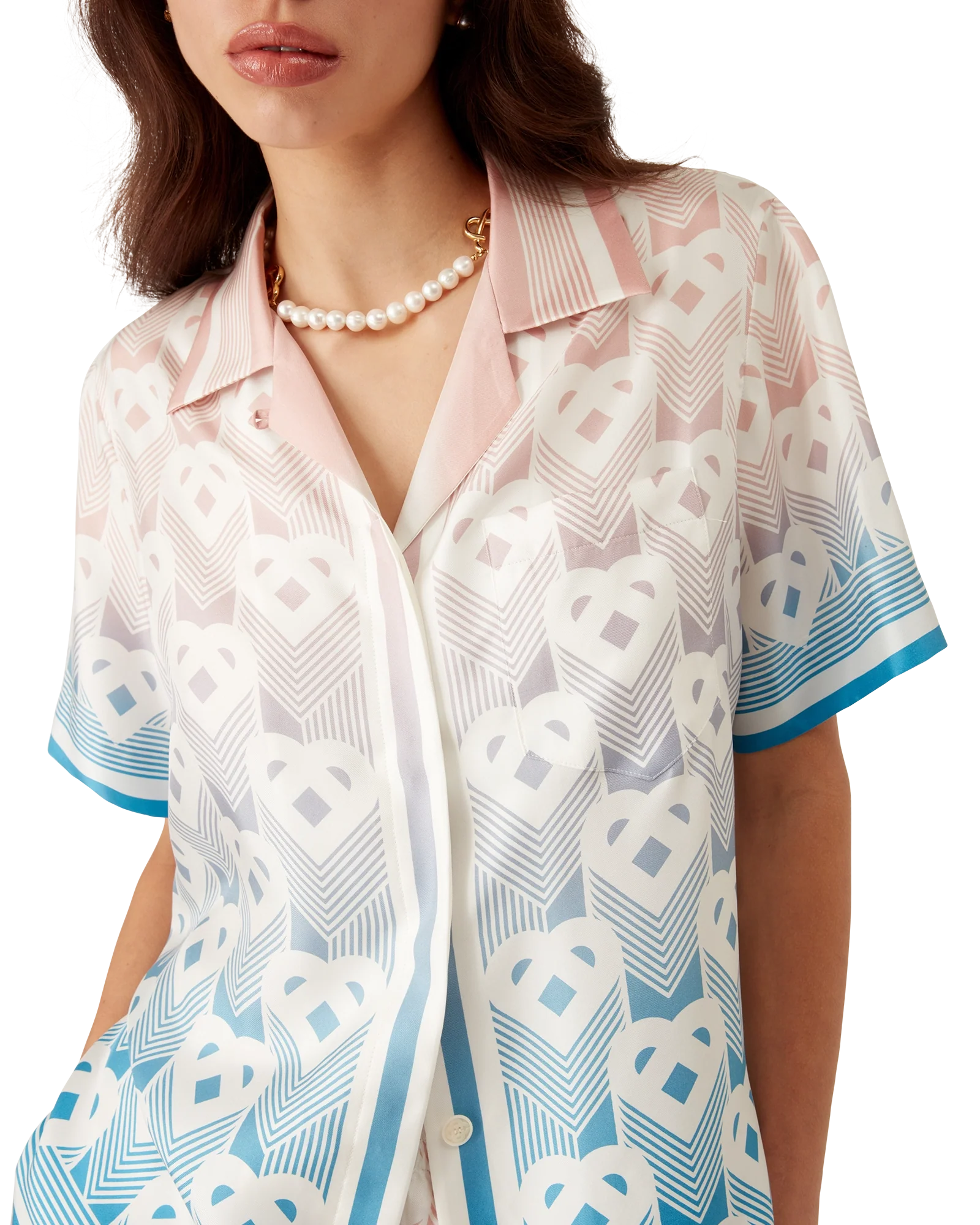 Chemise à manches courtes en soie avec monogramme et cœur dégradé